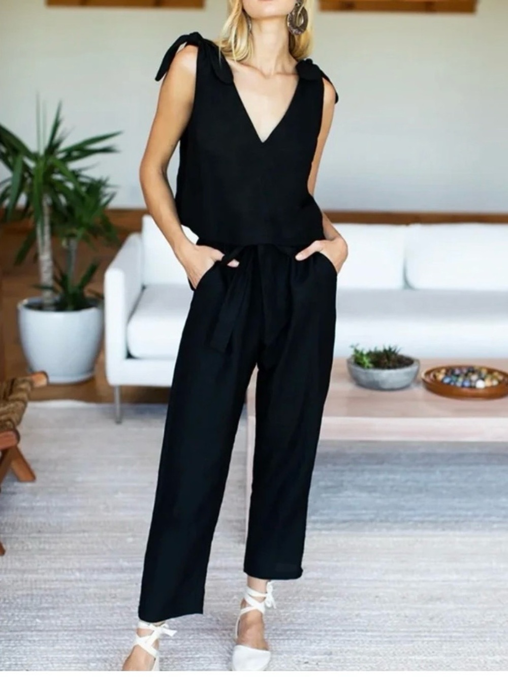Emerson Fry Sz M Black Linen Paris Pant Paperbag Tie Waist Ankle NWOT